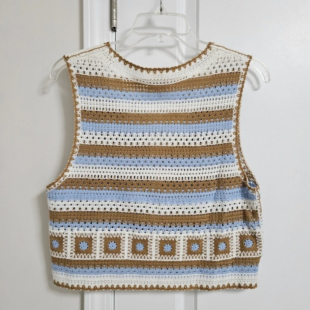 Bohemian So Me‎ Crochet Sweater Vest Womens Med Blue Brown Striped Granny Square